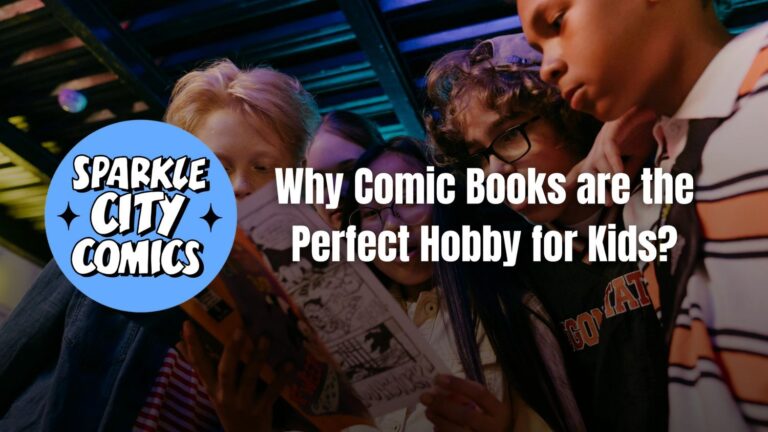 images of kids reading comic books with written title why comic books are perfect hobby for kids