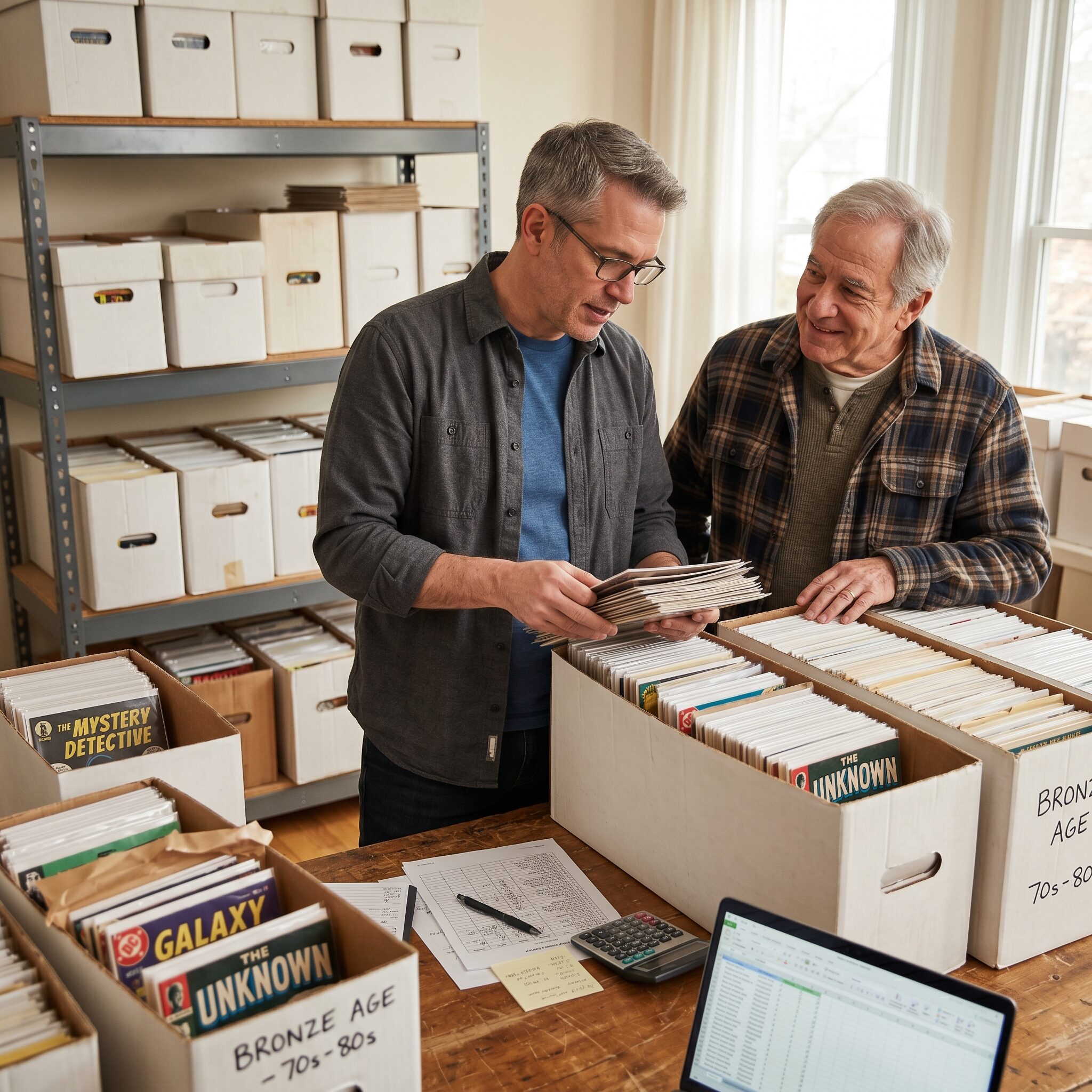 Two buyers evaluating comics over long boxes