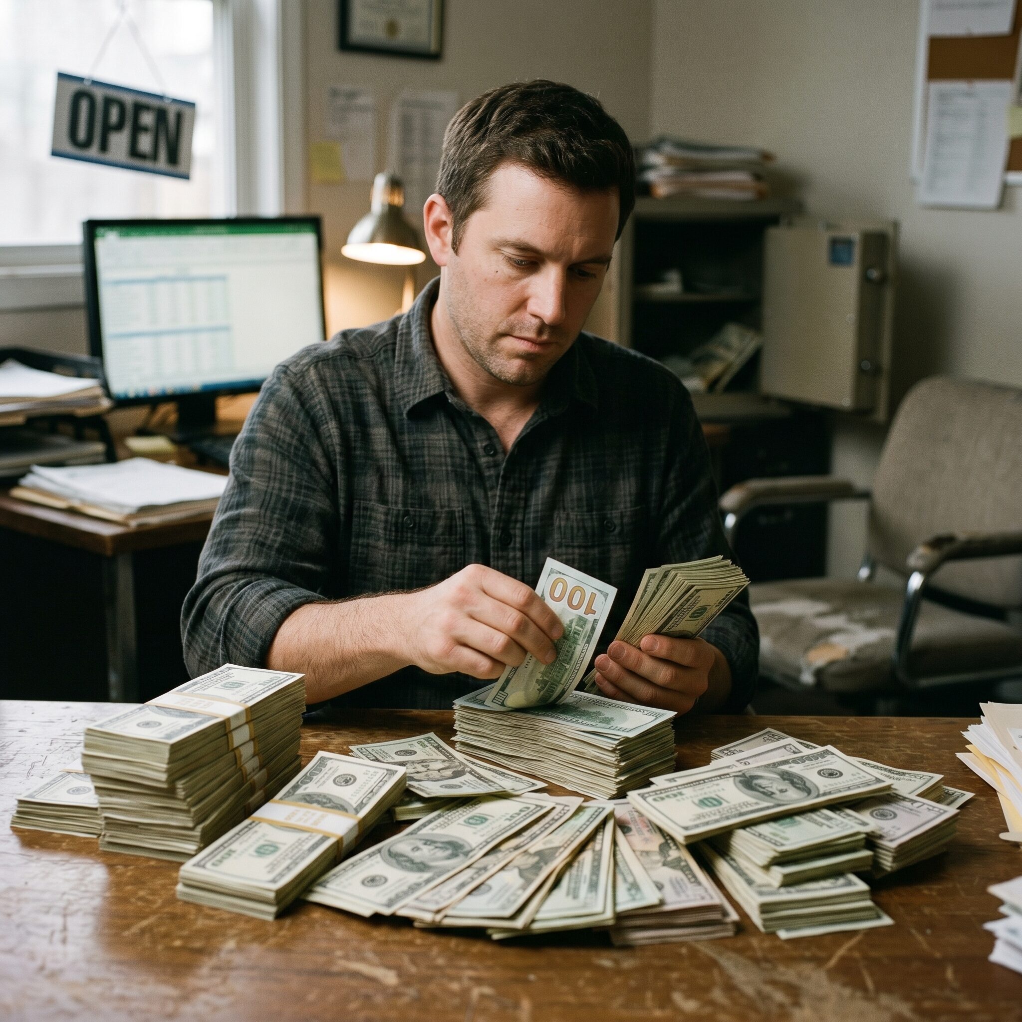 Counting stacks of cash for a collectibles purchase