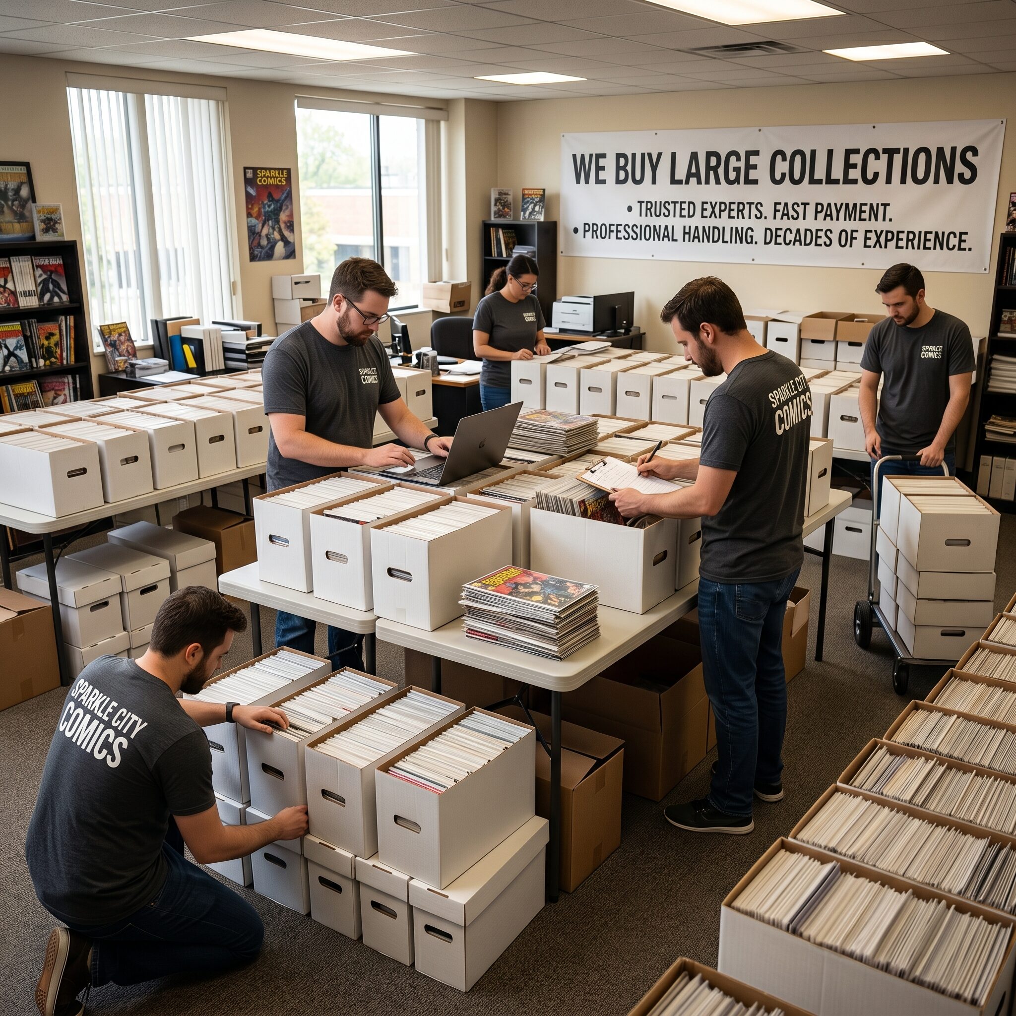 Sparkle City Comics office processing large comic collections