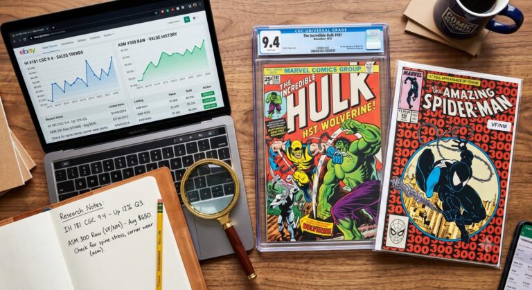 Comic book grading and valuation research showing a slabbed Incredible Hulk #181, an ungraded Amazing Spider-Man #300, and market sales data on a laptop screen.