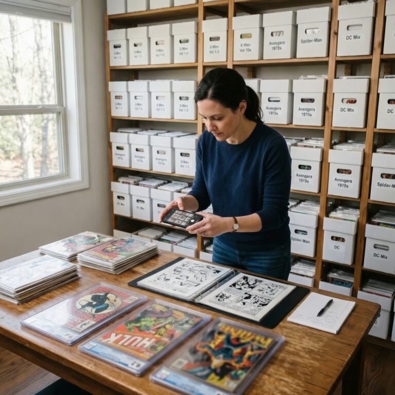 How to photograph classic comic books for sale featuring a smartphone capturing Amazing Fantasy 15 under soft natural lighting.