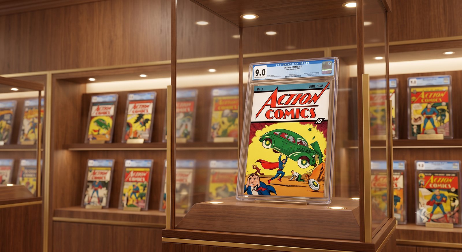 CGC 9.0 graded Action Comics #1 from 1938 with the first appearance of Superman in a secure display case