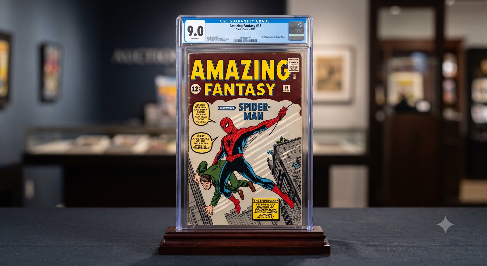 CGC 9.0 graded Amazing Fantasy #15 with the first appearance of Spider-Man, the kind of key issue suited to consignment