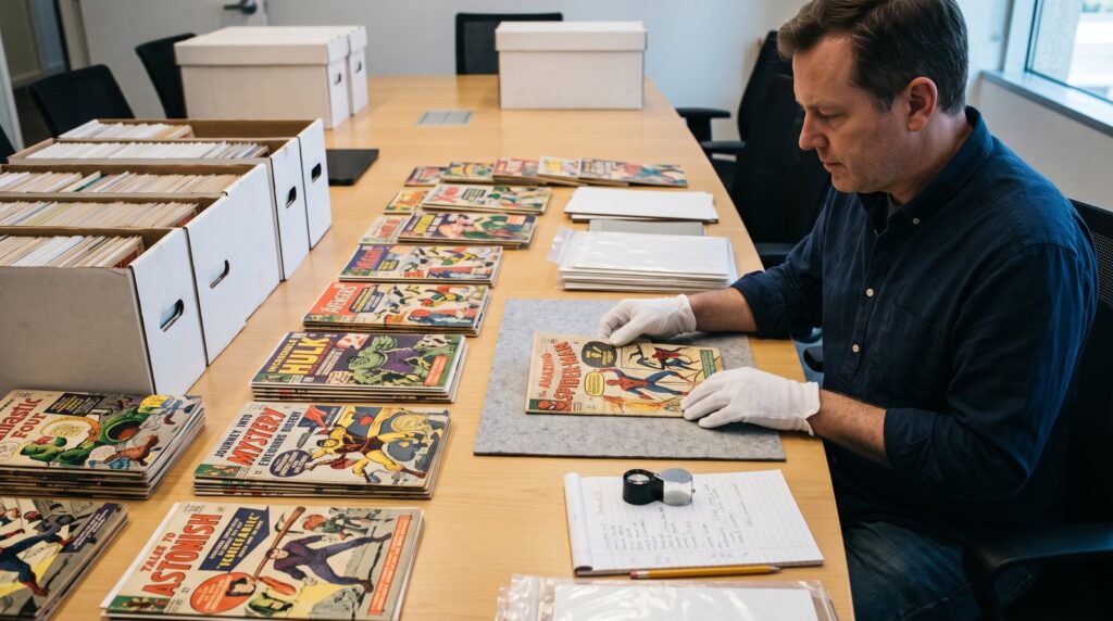 Comic book appraiser in white gloves evaluating Silver Age key issues during a professional collection appraisal