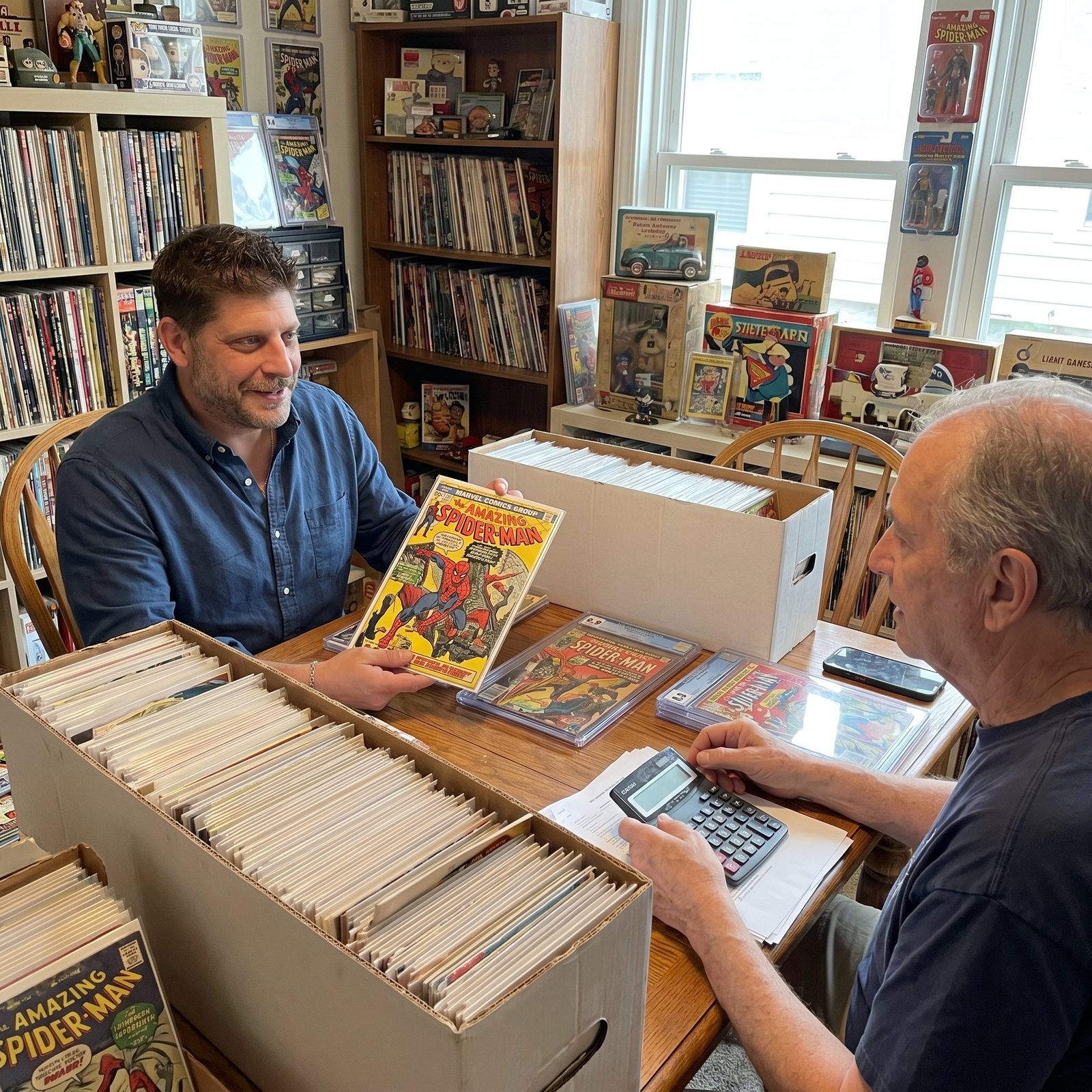 Sparkle City Comics reviewing Amazing Spider-Man key issues with a collector during a comic book consignment consultation
