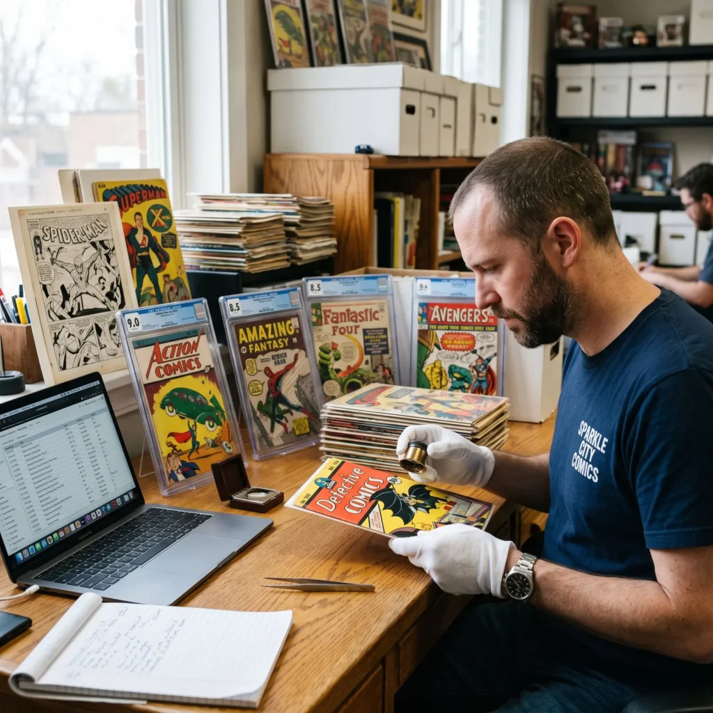 Comic book appraiser examining CGC-graded key issues while preparing a written estate appraisal