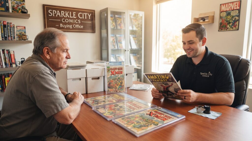 Collector receiving a complimentary purchase evaluation on CGC graded key issues at the Sparkle City Comics buying office