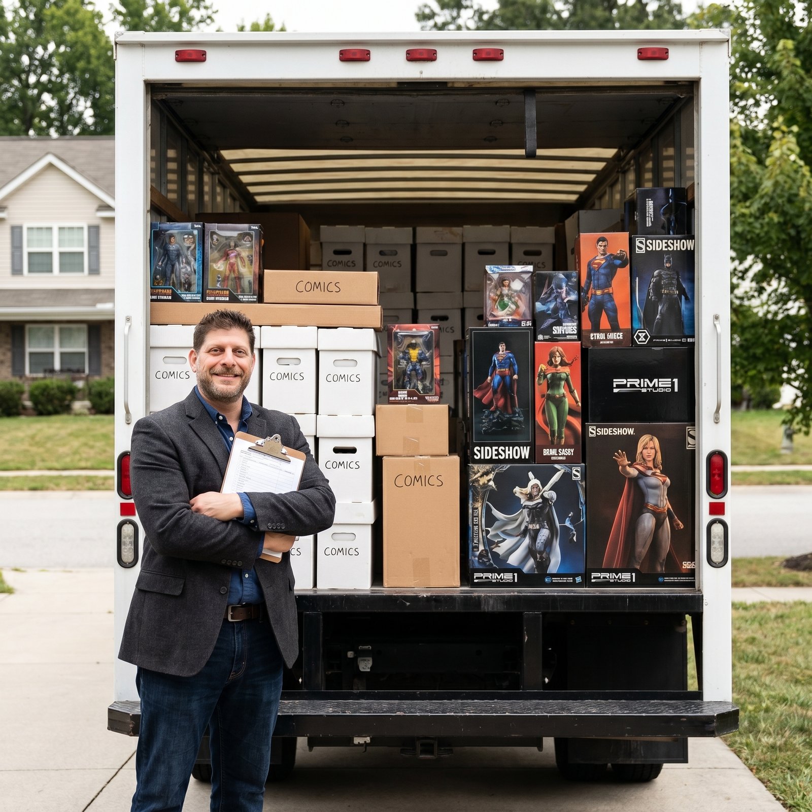 Sparkle City Comics appraiser with an inventoried estate comic book collection loaded for transport