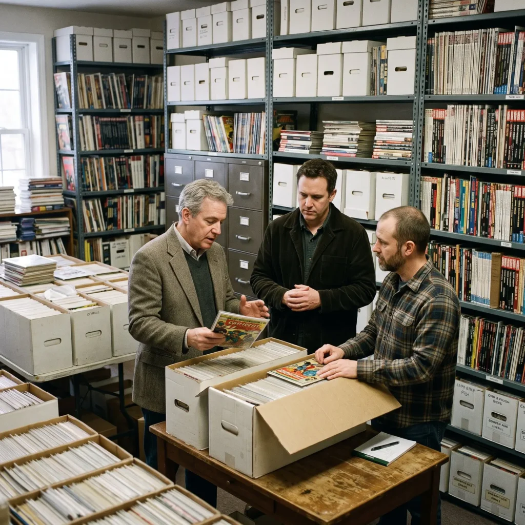 Sparkle City Comics staff evaluating a Golden Age comic book collection with family members during an estate consultation