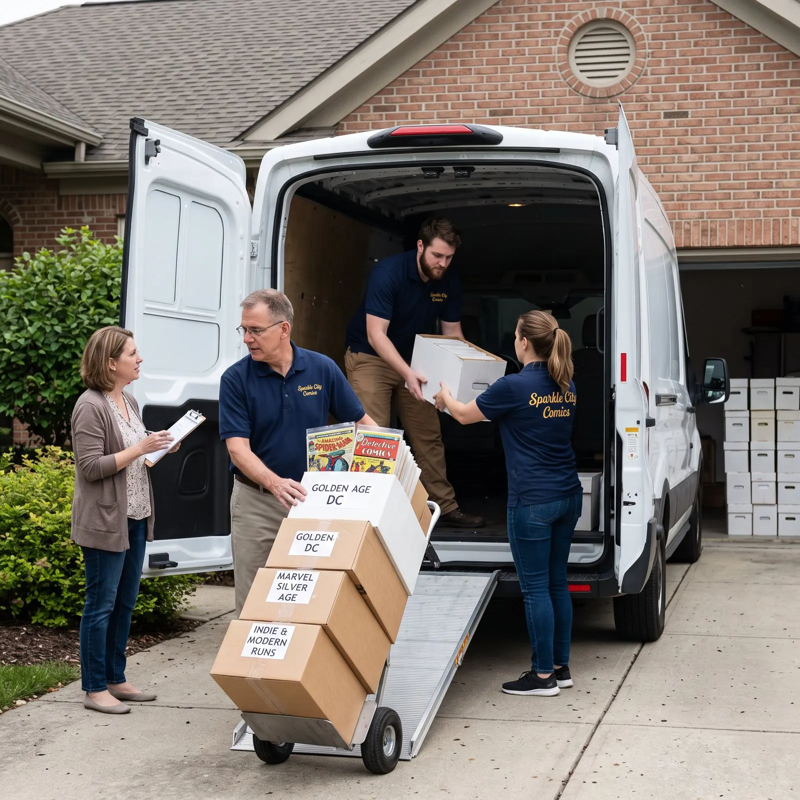 Sparkle City Comics team packing and loading a purchased estate comic book collection into a van