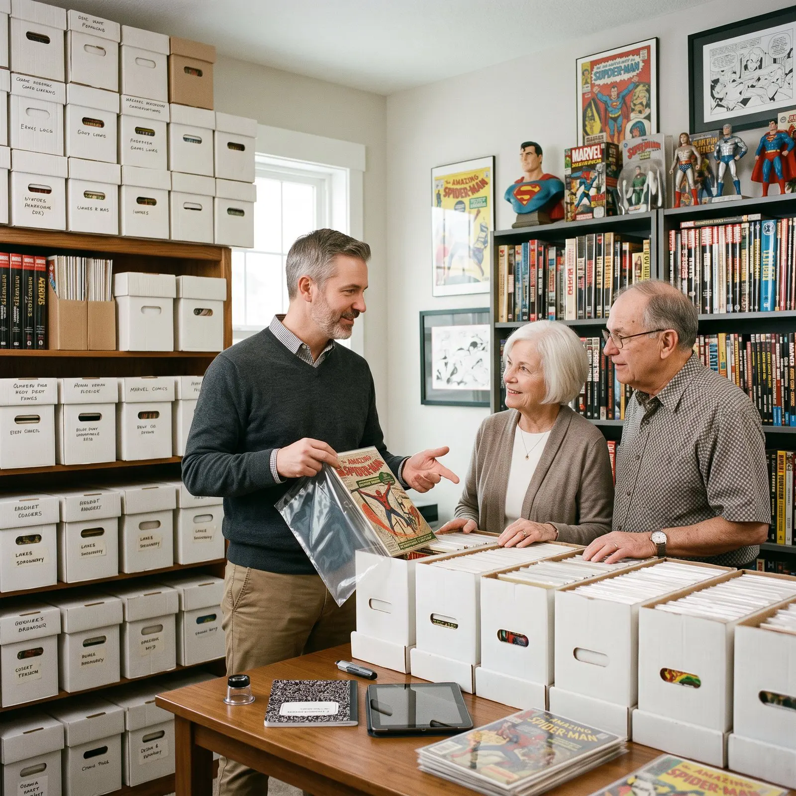 Sparkle City Comics buyer reviewing an inherited comic book collection with a couple settling a family estate