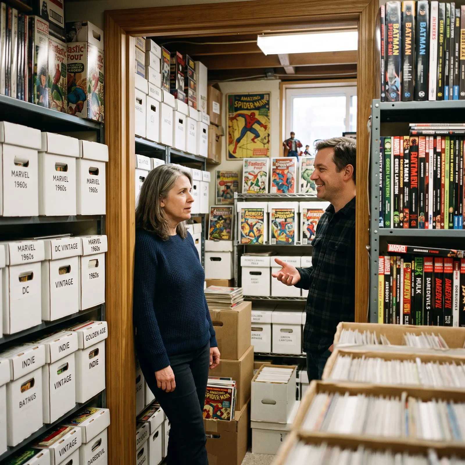 Executor discussing an unsorted inherited comic book collection with a Sparkle City Comics estate buyer
