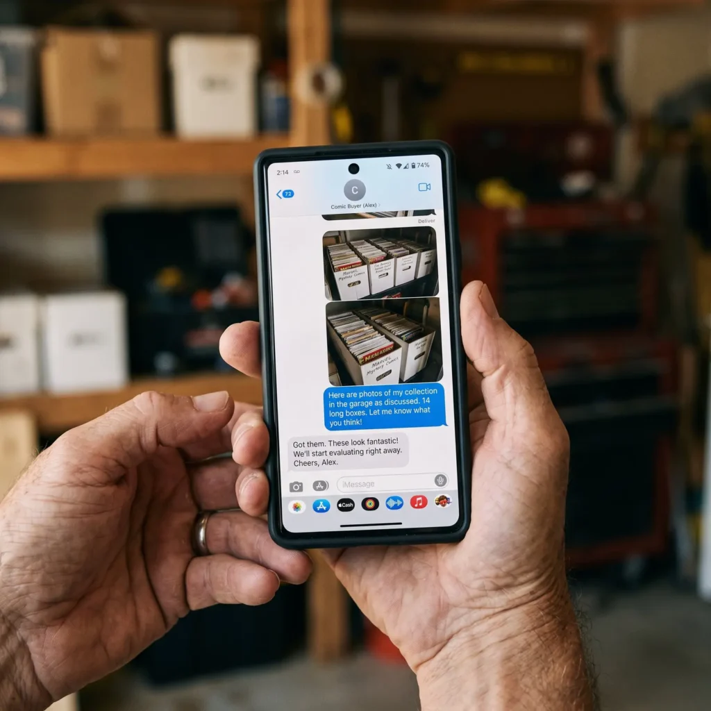 Homeowner texting photos of a 14-long-box comic book collection to Sparkle City Comics for a free evaluation