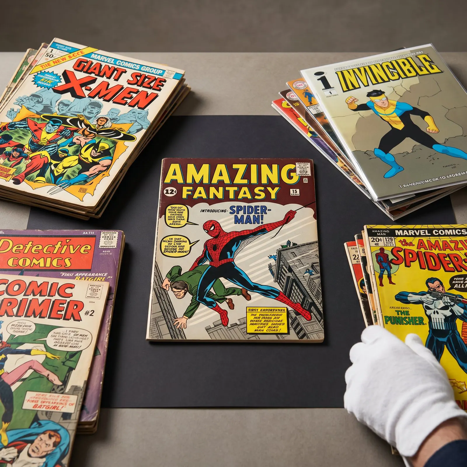 Rare vintage comic book key issues laid out for review before consignment through Sparkle City Comics
