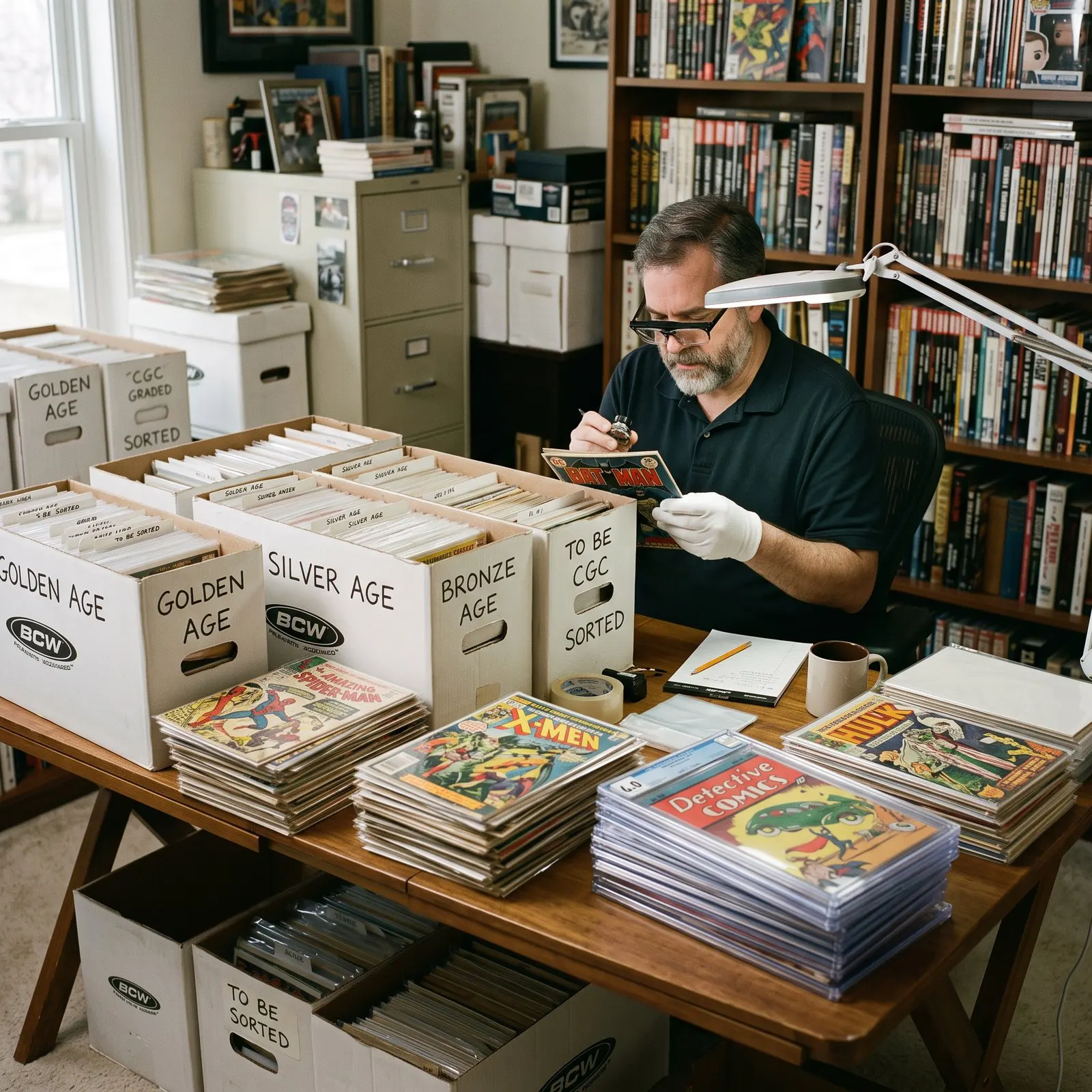 Comic book expert sorting an estate collection into Golden Age, Silver Age and Bronze Age boxes for grading